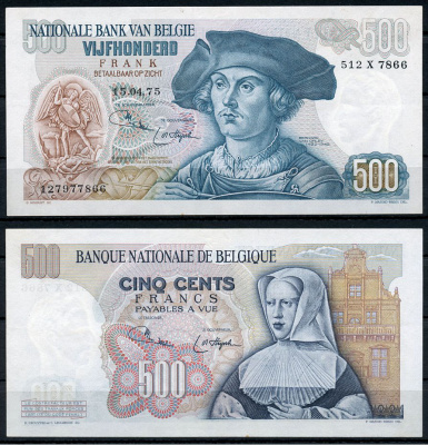 Бельгия 500 франков 1975 Бернарт Орлей, Маргарита Австрийская, 15 апреля 1975 Pick 135 b (3)  бумага  UNC (пресс) 00-00