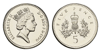 Великобритания 5 пенсов 1990 Елизавета II (1952-2022) KM 937b, Spink 4372 (D4) медно-никель BU 4690-767