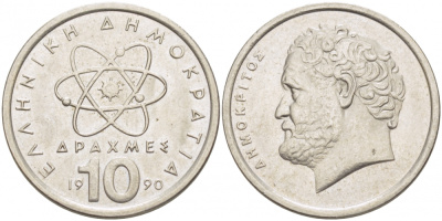 Греция 10 драхм 1990 Демокрит KM 132 медно-никель UNC 77-943