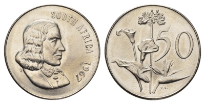 ЮАР 50 центов 1967 редкий год, Ян ван Рибек (1619-1677), South Africa, легенда на английском, Зантедеския Эллиота (калла) KM 70.1 никель BU 4693-414