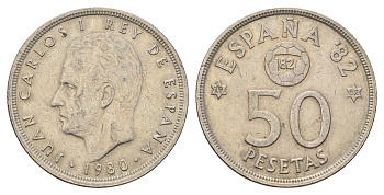 Испания 50 песет 1980 (82) Хуан Карлос, чемпионат мира по футболу Испания 82 KM 819 медно-никель 4137-1015