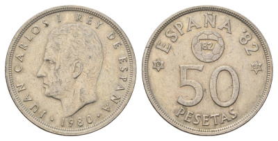 Испания 50 песет 1980 (82) Хуан Карлос, чемпионат мира по футболу Испания 82 KM 819 медно-никель 4137-1015
