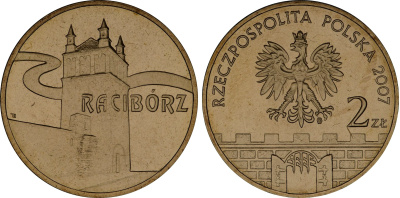 Польша 2 злотых 2007 MW, серия польские города, Рацибуж (Raciborz) KM 619 нордик UNC 4676-443