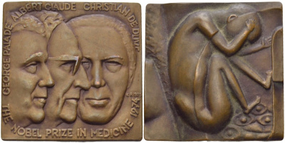 НИДЕРЛАНДЫ ПЛАКЕТКА 1975 ДЖОРДЖ ПАЛАДЕ (1912-2008), АЛЬБЕРТ КЛОД (1899-1983), КРИСТИАН де ДЮВ (1917-2013) ЛАУРЕАТУ НОБЕЛЕВСКОЙ ПРЕМИИ ПО МЕДИЦИНЕ И ФИЗИОЛОГИИ 1974 ГОДА, РАЗМЕР 40Х40 ММ. бронза 1088-2-43