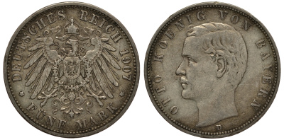 Бавария 5 марок 1907 Отто (1886-1913) Weege 47, J. 46, KM 512 серебро 3711-1524