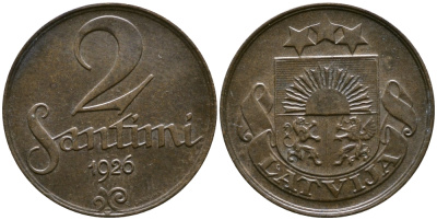 ЛАТВИЯ 2 САНТИМА 1926 ПЕРВАЯ РЕСПУБЛИКА (1918-1939) KM 2 бронза 86-636