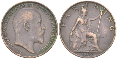 Великобритания 1 фартинг 1902 Эдуард VII (1901-1910) KM 792, Spink 3992 бронза 4613-443