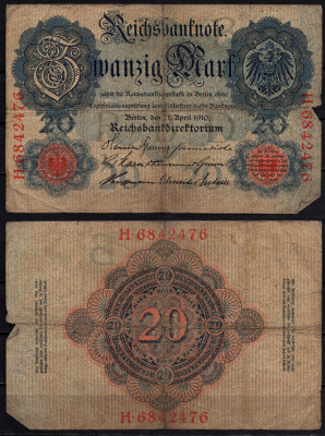 Германия 20 марок 1910 Pick 40 b бумага 6293-33-1-1