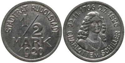 Рудольштадт (Тюрингия) 1/2 марки 1920 Funck 457.9A, Men18 27630.8 железо aUNC 4586-1023
