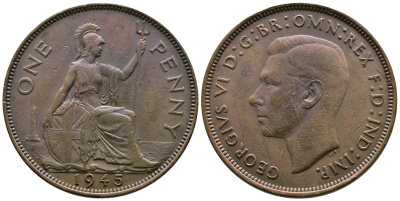Великобритания 1 пенни 1945 Георг VI (1936-1952) KM 845, Spink 4114 бронза 4680-136