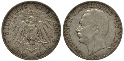 Баден 3 марки 1909 Фридрих II (1907-1918) J. 39, KM 280 серебро    3711-1623