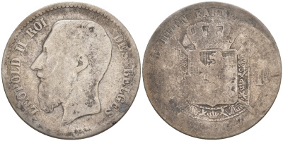 БЕЛЬГИЯ 1 ФРАНК 1867 ЛЕОПОЛЬД II (1865-1909), BELGES KM 28.1 серебро 4114-956