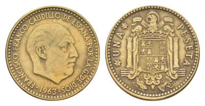Испания 1 песета 1963 (63) Франциско Франко (1939-1975) KM 775 алюминиевая бронза 4705-1046
