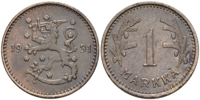 ФИНЛЯНДИЯ 1 МАРКА 1931 S KM 30 медно-никель 4563-633