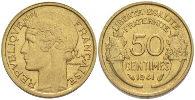 ФРАНЦИЯ 50 САНТИМОВ 1941 ТИП MORLON KM 894.1, LE FRANC 192.18 алюминиевая бронза 44-653