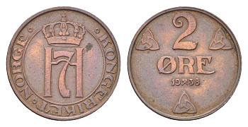 Норвегия 2 эре 1938 Хокон VII (1905-1957) KM 371 бронза 4705-836