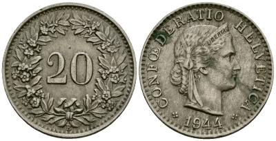 Швейцария 20 раппенов 1944 B KM 29a медно-никель 4171-1127