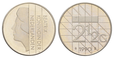 Нидерланды 2 1/2 гульдена 1990 Беатрикс (1980-2013), редкий год KM 206 никель UNC 4367-536