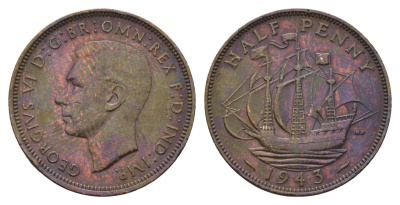 Великобритания 1/2 пенни 1943 Георг VI (1936-1952) KM 844, Spink 4115 бронза 4519-214