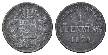 Бавария 1 пфенниг 1870 Людвиг II (1864-1886) KM 856 медь 4708-521