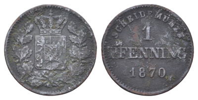 Бавария 1 пфенниг 1870 Людвиг II (1864-1886) KM 856 медь 4708-521