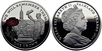 Фолклендские острова 1 крона 2014 в память героев первой мировой войны, Королевский госпиталь Челси, красный мак KM 177a.1 серебро, эмаль  PROOF 1071-2-53
