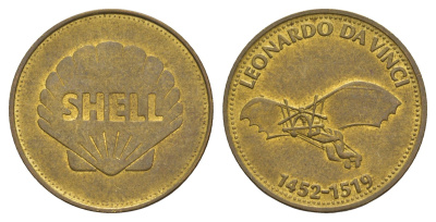 Франция жетон Shell - Человек в полете - Леонардо да Винчи, 1452-1519 1969 диаметр 26 мм, вес 5 гр Kooij RS011.2c сталь плакированная латунью aUNC 4656-317