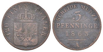 Пруссия 3 пфеннига 1863 А, Вильгельм I (1861-1888) KM 482 медь 4707-633