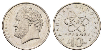 Греция 10 драхм 2000 Демокрит KM 132 медно-никель UNC 4707-527