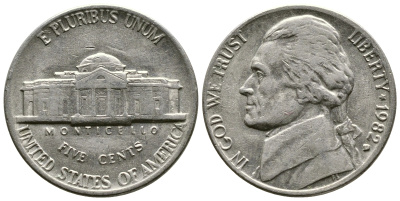 США 5 центов 1982 D, президент Джеферсон KM А192 медно-никель 4610-111