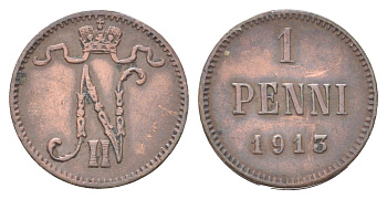 Россия для Финляндии 1 пенни 1913 Николай II (1894-1917) KM 473 медь 4708-563