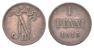 Россия для Финляндии 1 пенни 1913 Николай II (1894-1917) KM 473 медь 4708-563