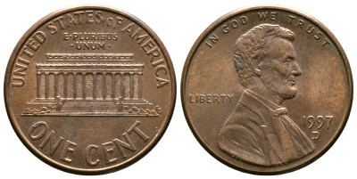 США 1 ЦЕНТ 1997 D, ЛИНКОЛЬН КМ 201b цинк плакированный медью 176-829
