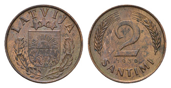 Латвия 2 сантима 1939 KM 11.2 бронза 4655-1229