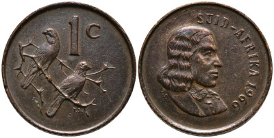 ЮАР 1 цент 1966 Ян ван Рибек (1619-1677), Suid Africa, легенда на африкаанс, капские воробьи KM 65.2 бронза 4549-438