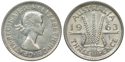 Австралия 3 пенса 1963 m, Елизавета II (1952-2022) KM 57 серебро 71-918