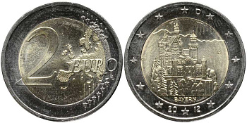 Германия 2 евро 2012 A, Бавария, Замок Нойшванштайн, серия Федеральные земли Германии KM 305 биметалл UNC 115-1124