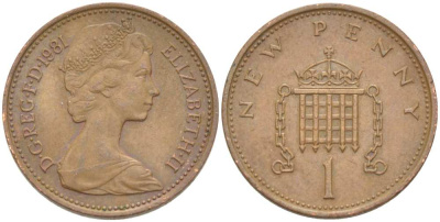 Великобритания 1 пенни 1981 Елизавета II (1952-2022) KM 915, Spink 4237 (B1) бронза 217-942