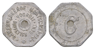 Бельгия, S. M. Vooruit жетон в 6 сантимов ND (1911-1914) ваучер социалистической потребительской организации (или кооператива) Vooruit алюминий 413-6812