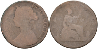 Великобритания 1/2 пенни 1861 Виктория (1837-1901) KM 748.2, Spink 3956 бронза 4589-916