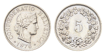Швейцария 5 раппенов 1976 KM 26 медно-никель UNC 4705-1265