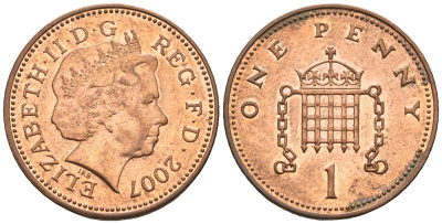 Великобритания 1 пенни 2007 Елизавета II (1952-2022) KM 986, Spink 4710 (B5) сталь плакированная медью 4609-634