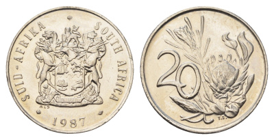ЮАР 20 центов 1987 герб, цветок протея KM 86 никель UNC 4693-755