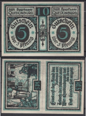 Кведлинбург 10 пфеннигов (5+5 пфеннигов) 1921 Grabowski 1088.1 бумага UNC (пресс) 2193-53-3-2