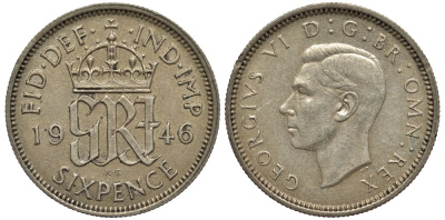 Великобритания 6 пенсов 1946 Георг VI (1936-1952) KM 852, Spink 4084 серебро 4538-623