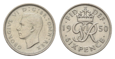 Великобритания 6 пенсов 1950 Георг VI (1936-1952) KM 875, Spink 4110 медно-никель 4651-1054
