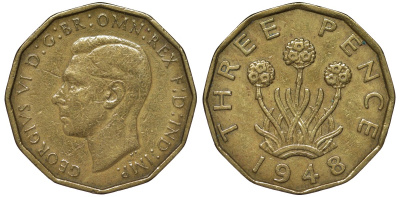 Великобритания 3 пенса 1948 Георг VI (1936-1952) KM 849, Spink 4112 никель латунь 4122-921