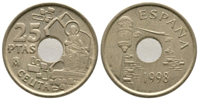 Испания 25 песет 1998 Сеута (Ceuta), Хуан Карлос I (1975-2014) KM 990 медь цинк никель 4609-428