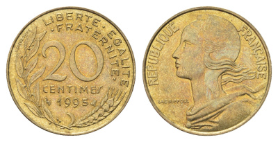 Франция 20 сантимов 1995 KM 930 алюминиевая бронза 4704-422