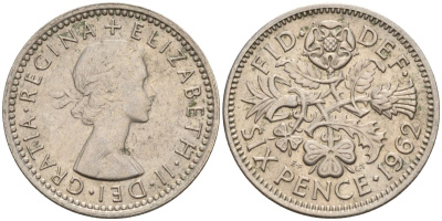 Великобритания 6 пенсов 1962 Елизавета II (1952-2022) KM 903, Spink 4149 медно-никель 4154-243